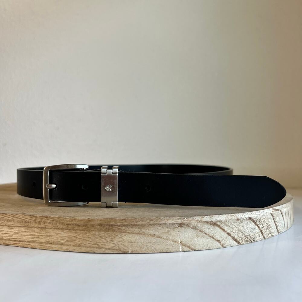 Vintage 90s Calvin Klein Black Genuine Leather Silver Buckle Belt Size XL